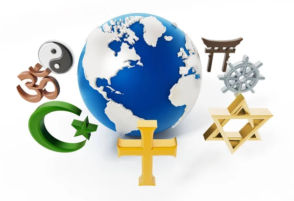 Religion symbols around earth isolated on white background. 3D illustration — Stock Photo, Image