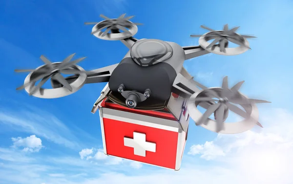 Drone que lleva caja de medicinas de metal. Ilustración 3D — Foto de Stock