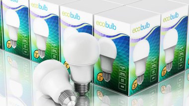 Önde gelen ampuller ve genel paket tasarımı beyaz arkaplanda izole edildi. 3d illüstrasyon