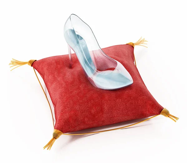 Zapato de vidrio único de pie sobre cojín de terciopelo rojo. Ilustración 3D —  Fotos de Stock