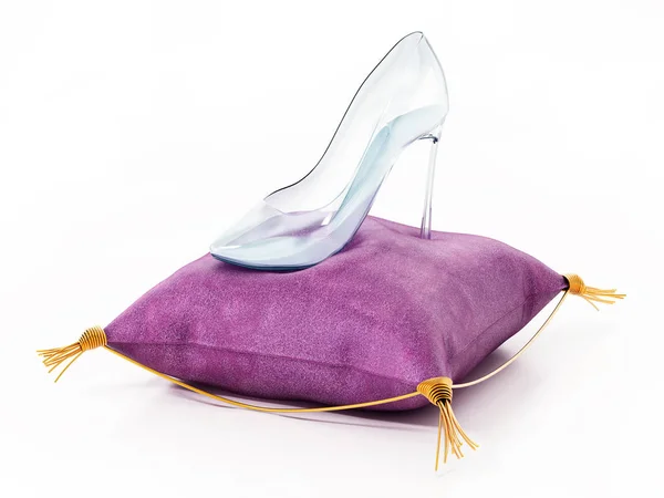 stock image Single glass shoe standing on violet velvet cushion. 3D illustration