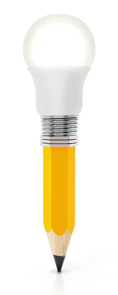 Bleistift mit atched Glühbirne isoliert auf weißem Hintergrund. 3D-Illustration — Stockfoto