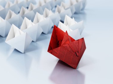 Beyaz kağıt gemilere önderlik eden kırmızı kağıt gemi. 3d illüstrasyon