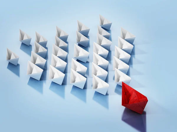 Rote Papierschiffe führen weiße reguläre Papierschiffe an. 3D-Illustration — Stockfoto