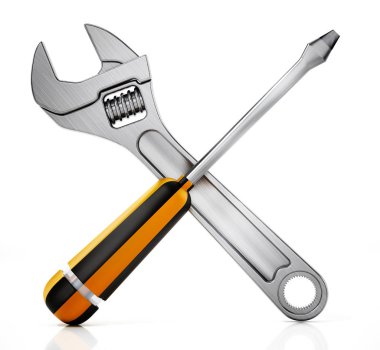 Çapraz anahtar ve tornavida beyaz arka planda izole edilmiş. 3d illüstrasyon