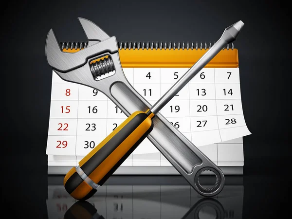Crossed wrench and screwdriver with desktop calendar isolated on white background. 3D illustration