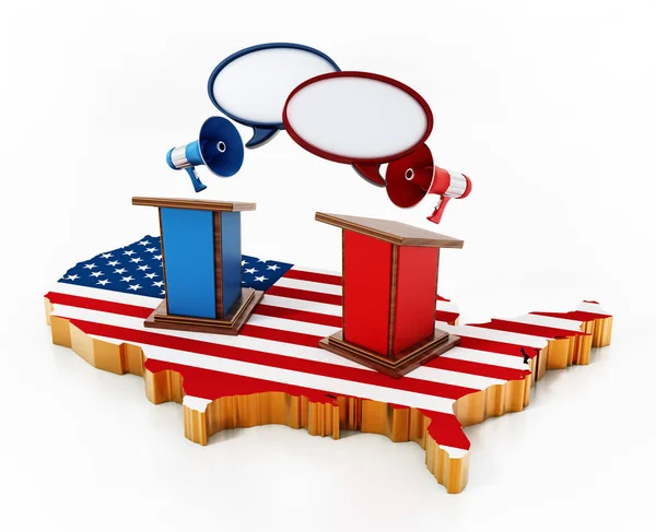 Blue and red lecterns standing on USA map. 3D illustration — Stock Photo, Image