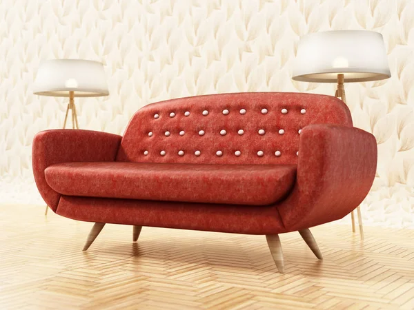 Comfortable sofa on vintage wallpaper. 3D illustration — ストック写真