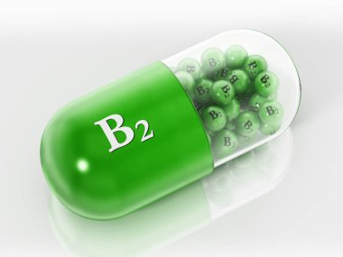 Beyaz arka planda küçük küreleri olan B2 vitamini hapı. 3d illüstrasyon