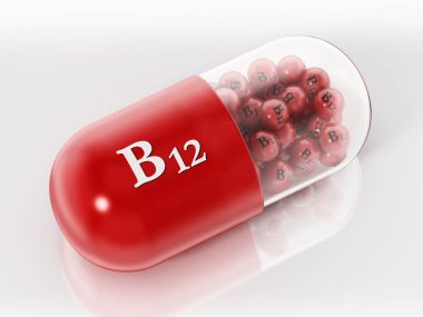 Beyaz arka planda küçük küreleri olan B12 vitamini hapı. 3d illüstrasyon