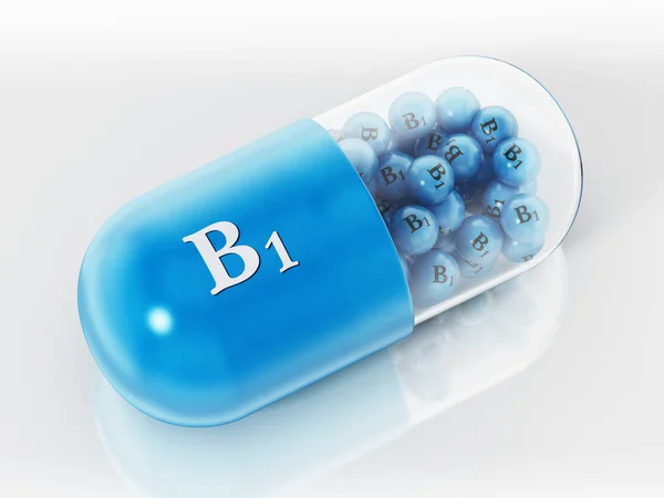 Vitamin-B1-Pille mit kleinen Kugeln auf weißem Hintergrund. 3D-Illustration — Stockfoto