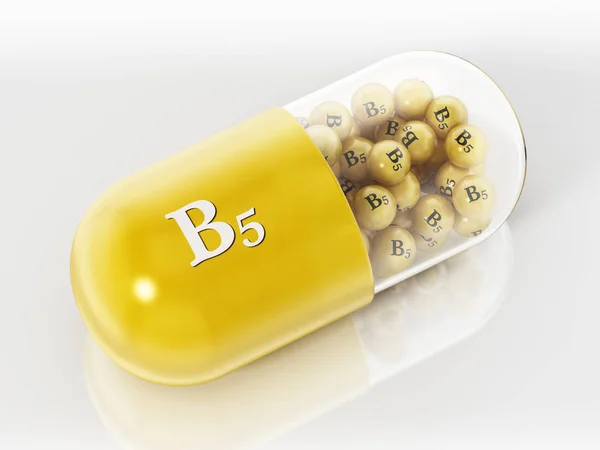 Pilule de vitamine B5 avec de petites sphères isolées sur fond blanc. Illustration 3D — Photo