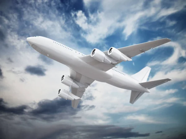 Airplane in the cloudy sky. 3D illustration — 스톡 사진