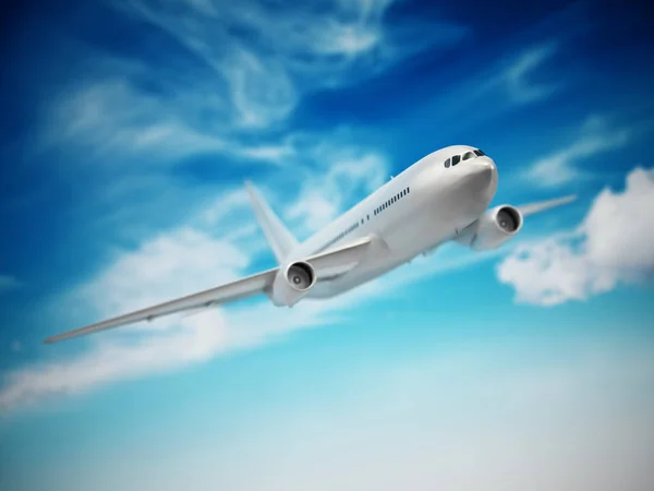 Airplane in the cloudy sky. 3D illustration — 스톡 사진