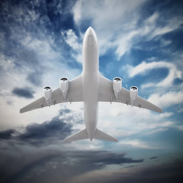 Airplane in the cloudy sky. 3D illustration — 스톡 사진