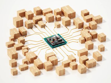 Mikroçipe bağlı büyük bir karton kutu grubu. 3d illüstrasyon