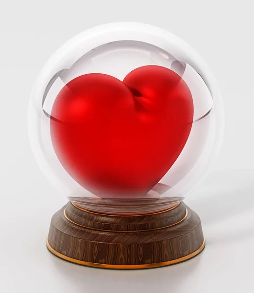 Snowglobe with red heart on white surface. 3D illustration — ストック写真