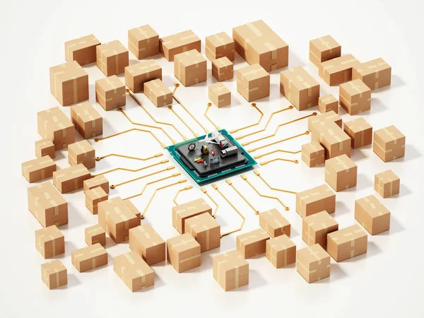 Grote groep kartonnen dozen aangesloten op microchip. 3d illustratie — Stockfoto