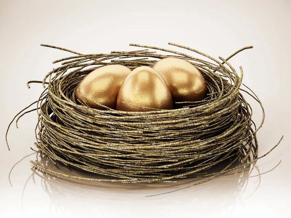 Huevos de oro dentro del nido. Ilustración 3D —  Fotos de Stock