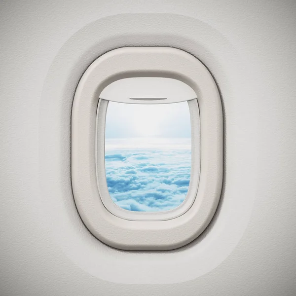 Ventana del avión mirando a través de las nubes. Ilustración 3D —  Fotos de Stock