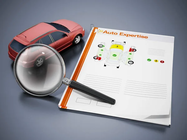 Auto expertise concept. Magnifying glass on the model car with test results. 3D illustration