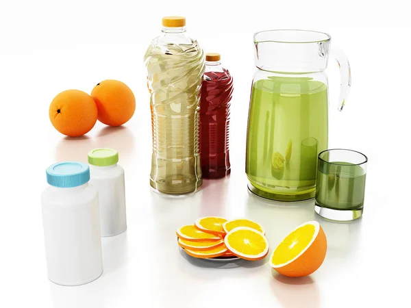 Detox concept met verse sapflessen, pillen en fruit. 3d illustratie — Stockfoto