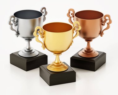 Gold, silver and bronze cups isolated on white background. 3D illustration