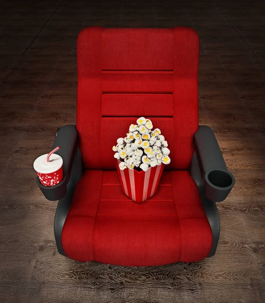 Red cinema chair with popcorn and soda. 3D illustration — ストック写真