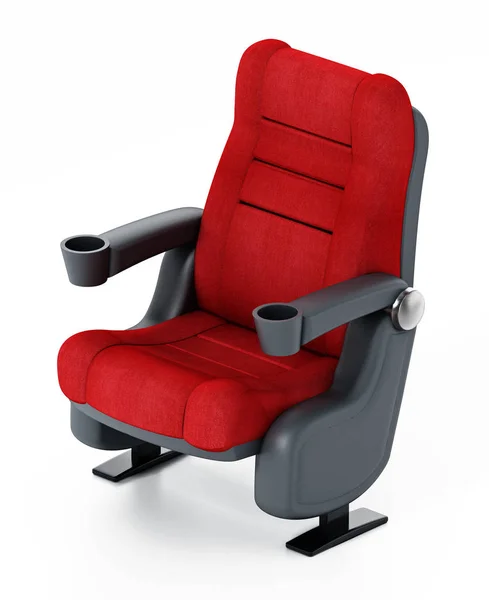 Spotlit cadeira de cinema vermelho com pipoca e refrigerante. Ilustração 3D — Fotografia de Stock