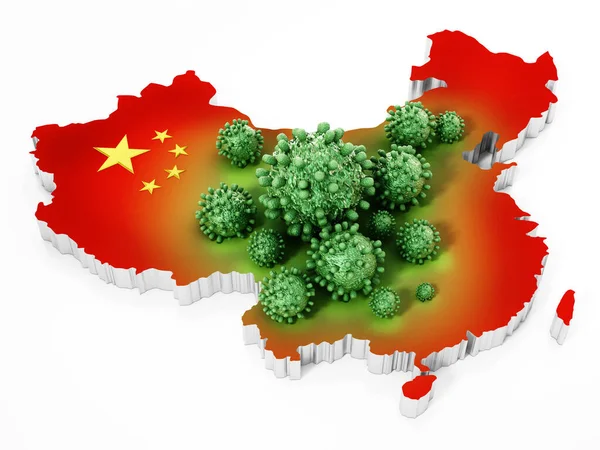 Группа Вирусов Карте Китая Флаге Иллюстрация — стоковое фото