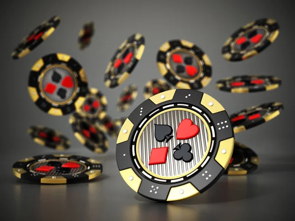 Fallende Casino Chips Auf Reflektierendem Dunklen Hintergrund Illustration — Stockfoto