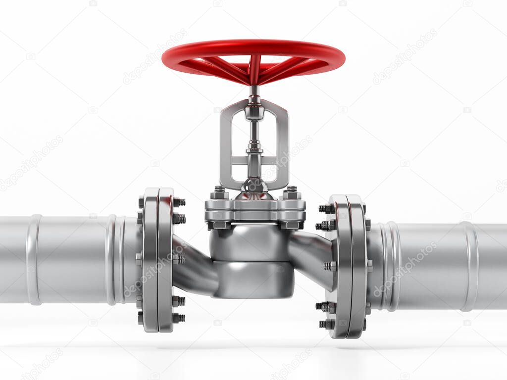 Water pipes and valve isolated on white background. 3D illustration.