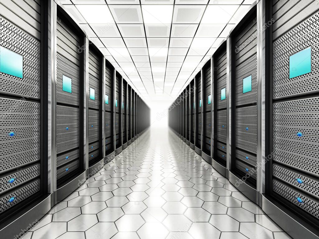 Network servers in a row in the room. 3D illustration.