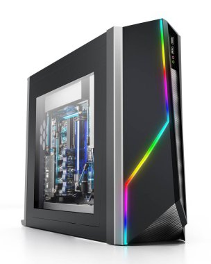 Rgb Led ışıkları olan modern bilgisayar davası. 3d illüstrasyon.