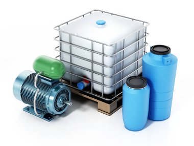 Yedek su kapları ve beyaz arka planda izole edilmiş motor. 3d illüstrasyon.