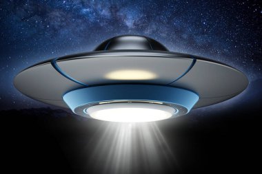 Işıklı Ufo geceye karşı. 3d illüstrasyon.
