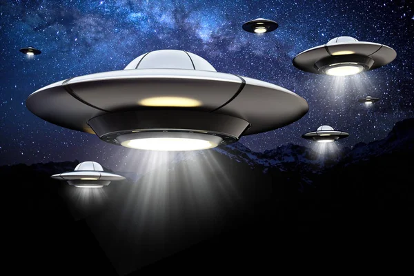 UFO with light beam against the night. 3D illustration.