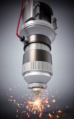 Karanlık arka planda kıvılcımları olan lazer kesici. 3d illüstrasyon.