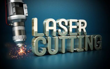 Lazer kesici, lazer kesicili metinde kıvılcım. 3d illüstrasyon.