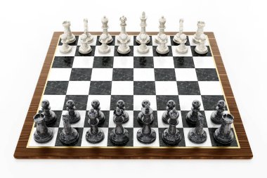 Beyaz arka planda siyah beyaz satranç taşları olan satranç tahtası. 3d illüstrasyon.