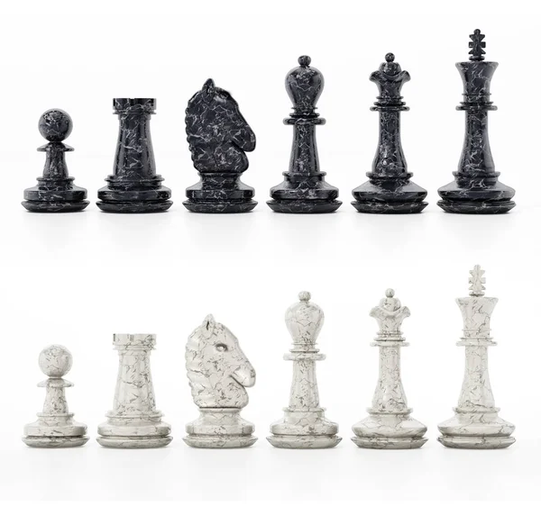 白と黒のチェスの駒白の背景に隔離された 3Dイラスト — ストック写真