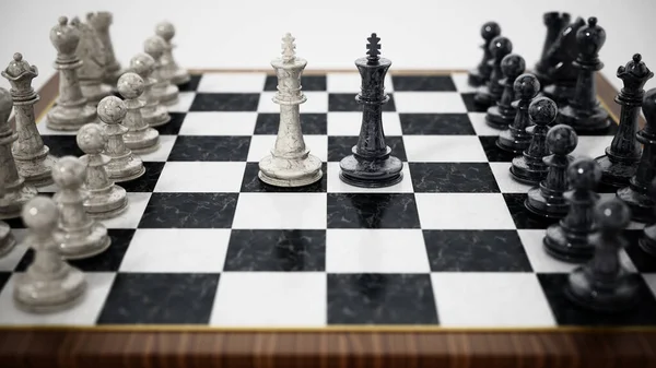 黒と白の王が向かい合うチェス盤 3Dイラスト — ストック写真