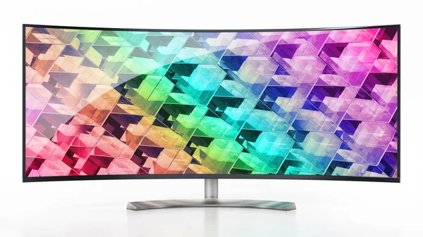 Ultrawide LED monitor with abstract background isolated on white background. 3D illustration.