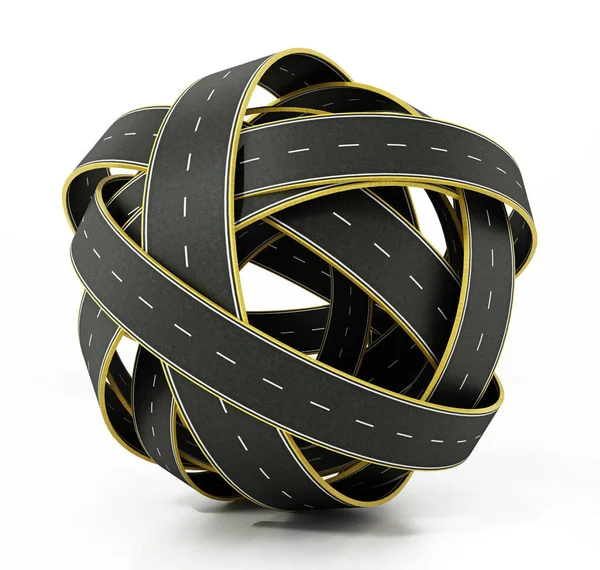 Tangled roads forming a sphere. 3D illustration.