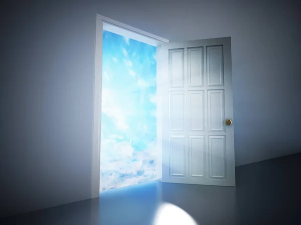 Відкриті Двері Темній Кімнаті Ведуть Блакитного Неба Ілюстрація — стокове фото