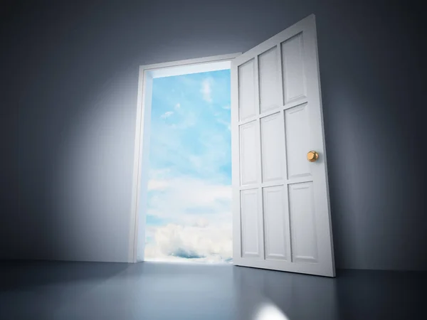Pintu Terbuka Ruangan Gelap Menuju Langit Biru Ilustrasi — Stok Foto