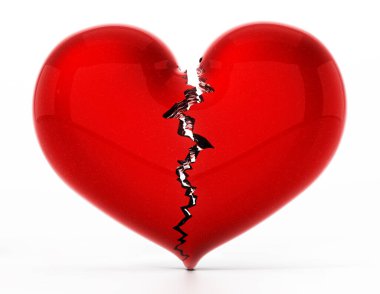 Kırık ve parçalanmış kalp, beyaz arka planda izole edilmiş. 3B illüstrasyon.