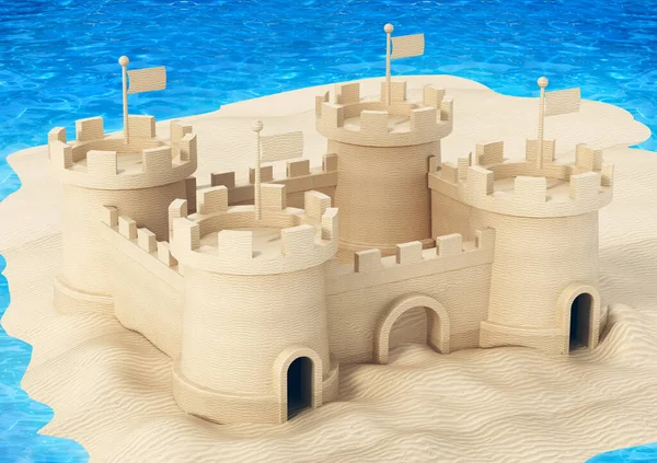 Sandcastle Pela Água Construída Areia Praia Ilustração — Fotografia de Stock