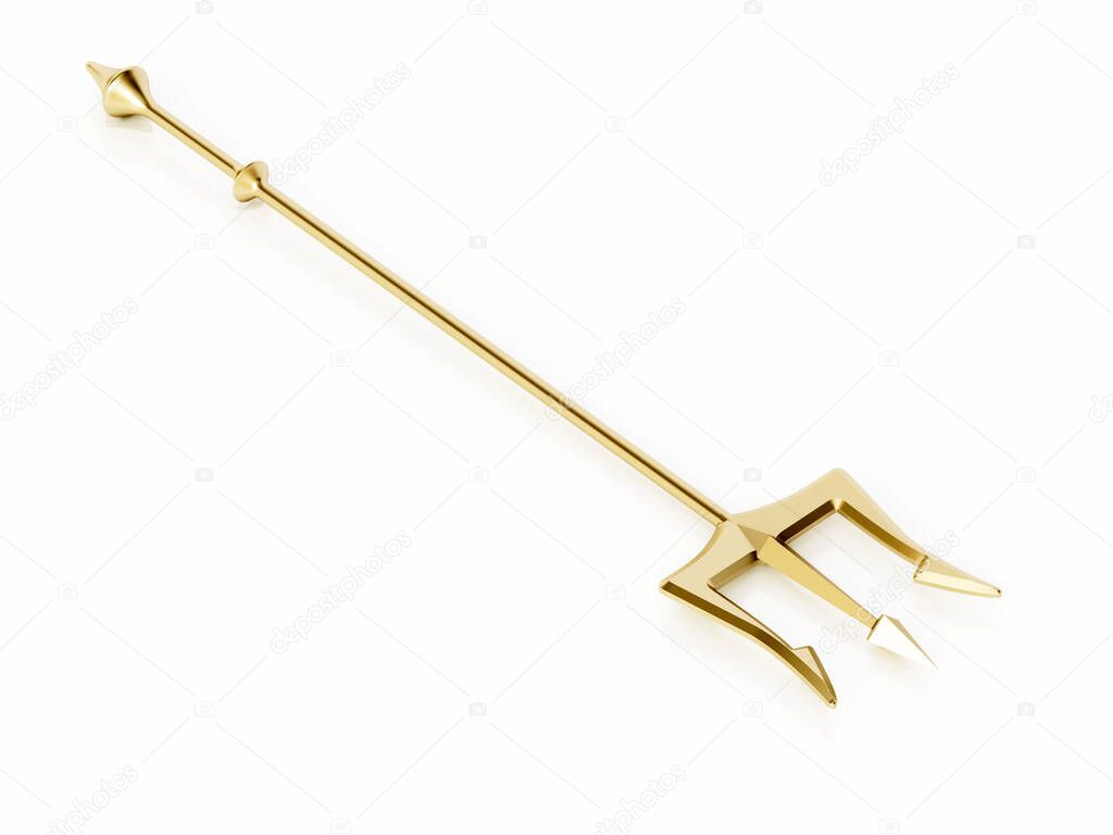 Gold trident isolated on white background. 3D illustration.