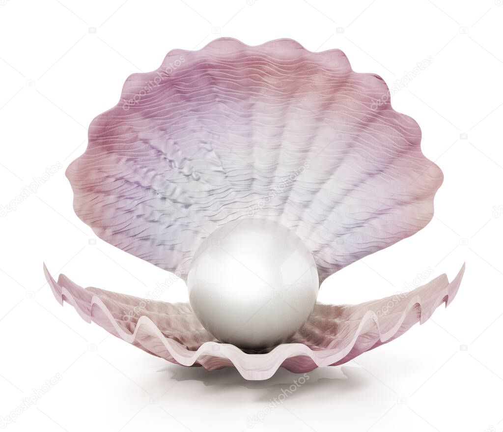 Oyster with a giant pearl isolated on white background. 3D illustration.